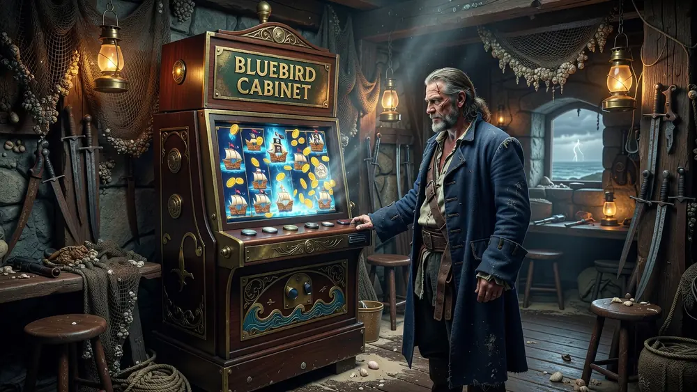 Pirate Ship Slots Review - WMS Free Spins & Bluebird Cabinet slot review theme illustration, AI-generated and not an in-game screenshot.