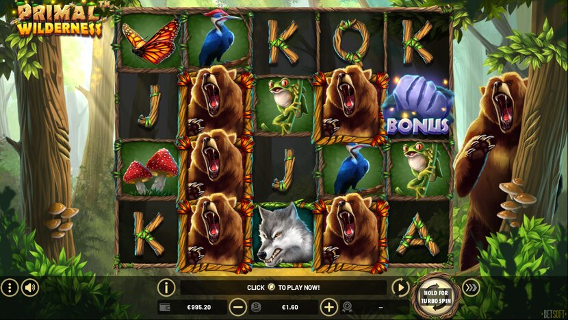 Primal Wilderness slot — Base game reels and win lines