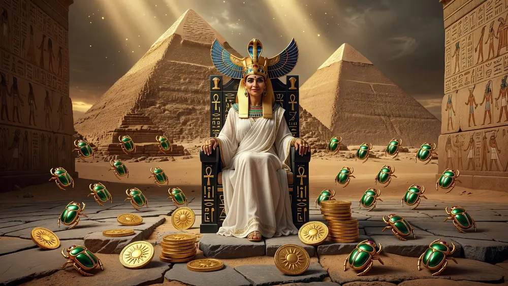 Queen of the Pyramids Slots Review - Mega Cash Collect, Sticky Cash & Free Spins slot review theme illustration, AI-generated and not an in-game screenshot.