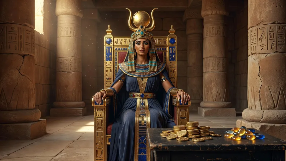 Queen of the Nile Slots Review - Free Games, Tripled Wins & Classic Aristocrat Gameplay slot review theme illustration, AI-generated and not an in-game screenshot.
