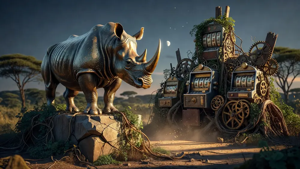 Raging Rhino Slots Review - 4,096 Ways to Win, Free Spins & High Volatility slot review theme illustration, AI-generated and not an in-game screenshot.