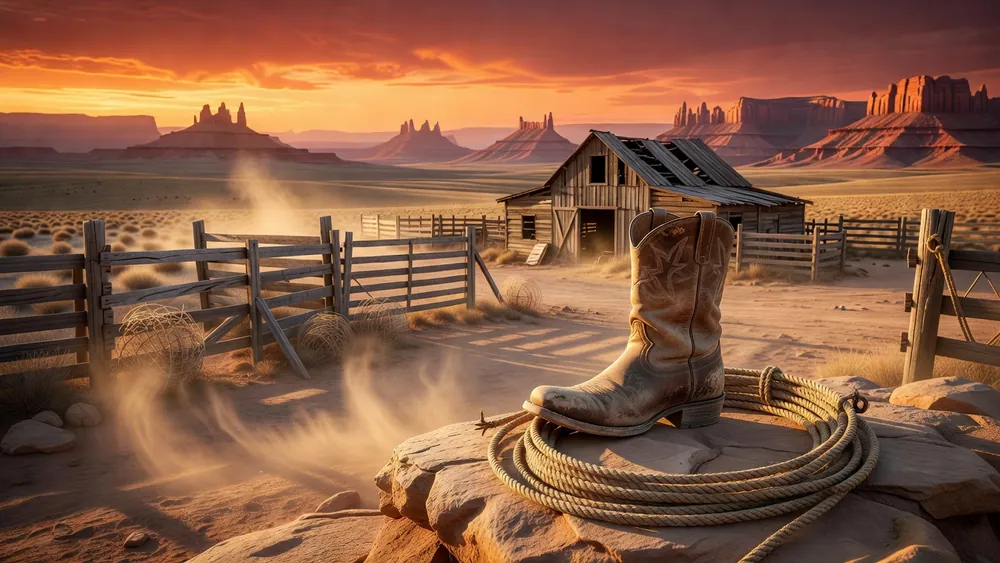 Rawhide - Wild West Free Spins, Stacked Wilds & 30 Paylines slot review theme illustration, AI-generated and not an in-game screenshot.