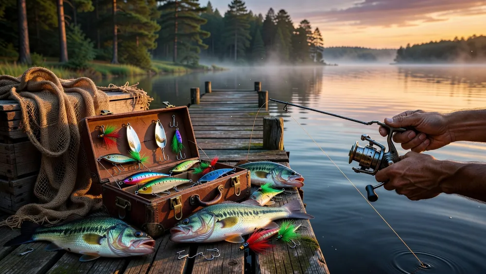 Reel 'Em In Slots Review - Fishing Bonus, Sticky Wilds & Free Play slot review theme illustration, AI-generated and not an in-game screenshot.