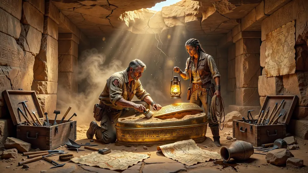 Relic Raiders Slots Review - 50 Paylines, Free Spins & Relic Mystery Bonus slot review theme illustration, AI-generated and not an in-game screenshot.