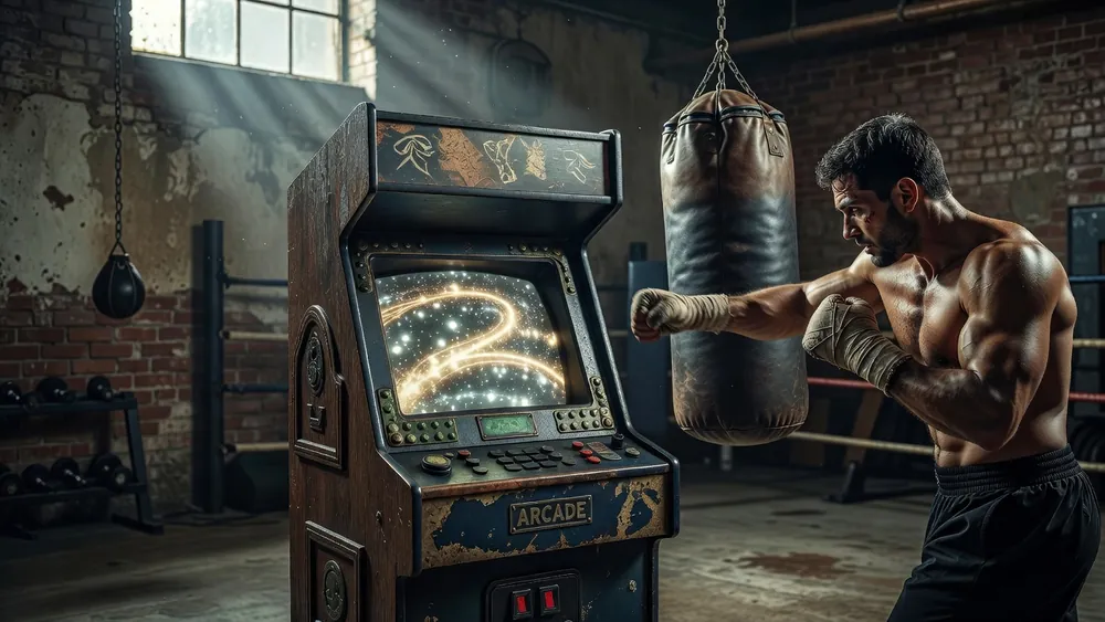 Rocky - Six Movie Bonus Games, 40 Paylines & Free Spins slot review theme illustration, AI-generated and not an in-game screenshot.