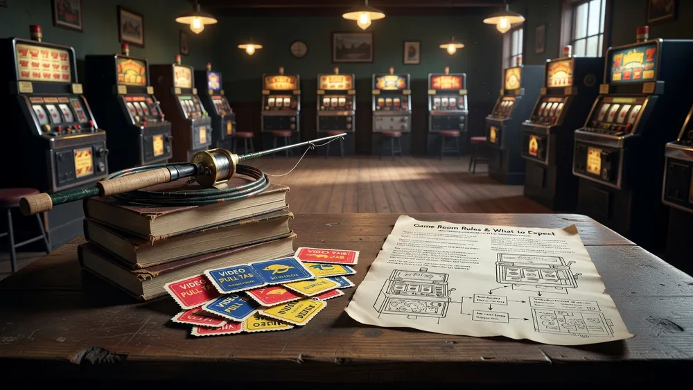Rod 'N' Reel Slots Guide - Video Pull Tabs, Game Room Rules & What to Expect slot review theme illustration, AI-generated and not an in-game screenshot.