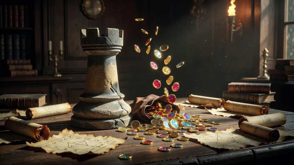 Rook's Revenge Slots Review - Cascading Reels, Free Spins & 15x Multipliers slot review theme illustration, AI-generated and not an in-game screenshot.