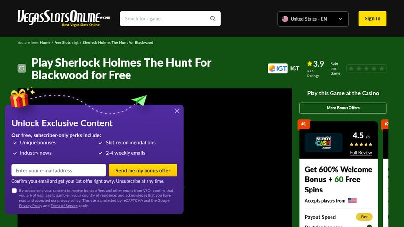 Sherlock Holmes The Hunt For Blackwood — Gameplay view showing reels and symbols