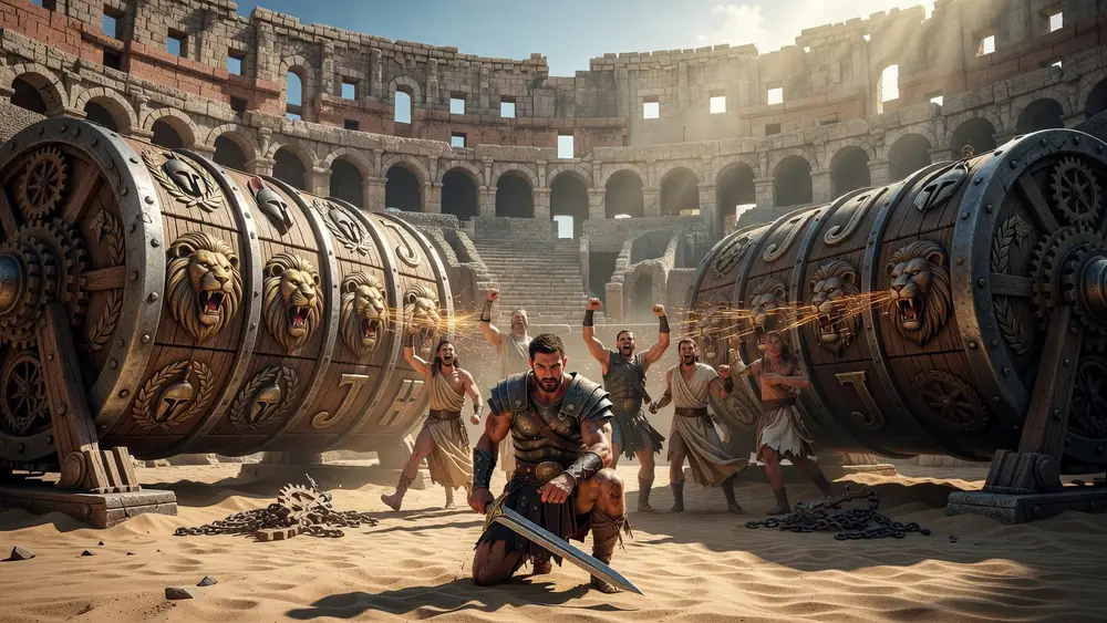 Spartacus Slots Review - Colossal Reels, Transferred Wilds & Free Spins slot review theme illustration, AI-generated and not an in-game screenshot.