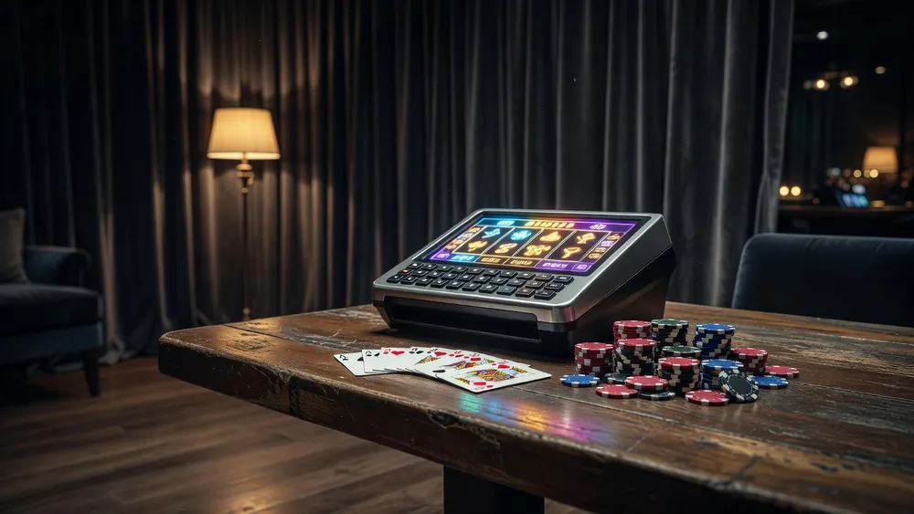 Spin Poker Review 2026 - Video Poker Meets Slots, 9 Lines & Free Play slot review theme illustration, AI-generated and not an in-game screenshot.