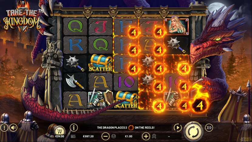 Take The Kingdom slot — Base game reels and win lines