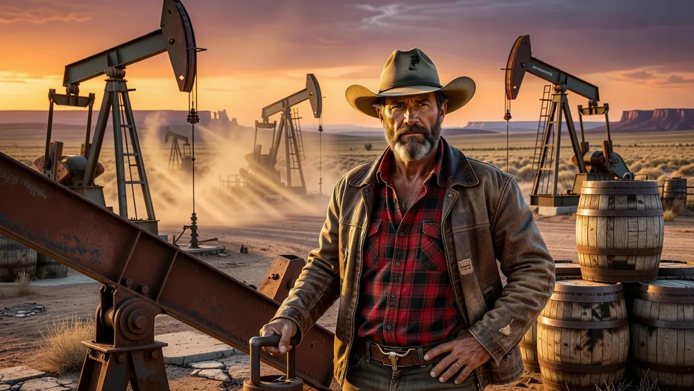 Texan Tycoon Slots Review - Oil Wilds, Free Games & Progressive Jackpot slot review theme illustration, AI-generated and not an in-game screenshot.