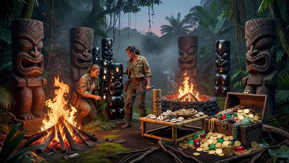 Tiki Slots: Tiki Fire, Tiki Adventure, Tiki Inferno & Tiki Fortune Explained slot review theme illustration, AI-generated and not an in-game screenshot.