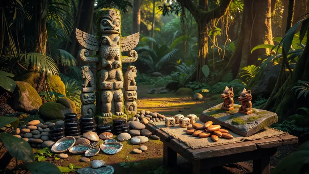 Totem Treasure Slots Review - Free Games Choice, Wild Multipliers & Nudging Wilds slot review theme illustration, AI-generated and not an in-game screenshot.