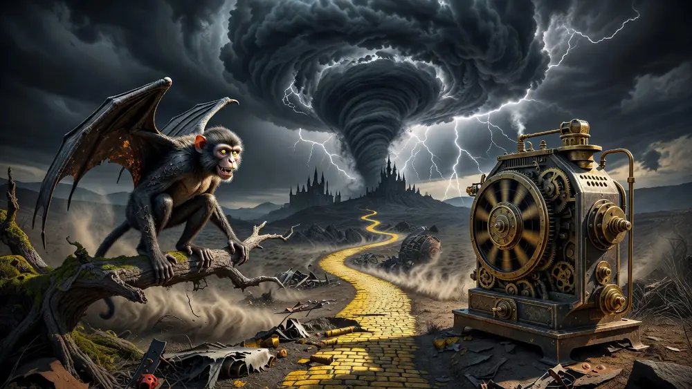 Wizard of Oz: I'll Get You My Pretty - Hold & Spin, Winged Monkey Wilds & Free Play slot review theme illustration, AI-generated and not an in-game screenshot.