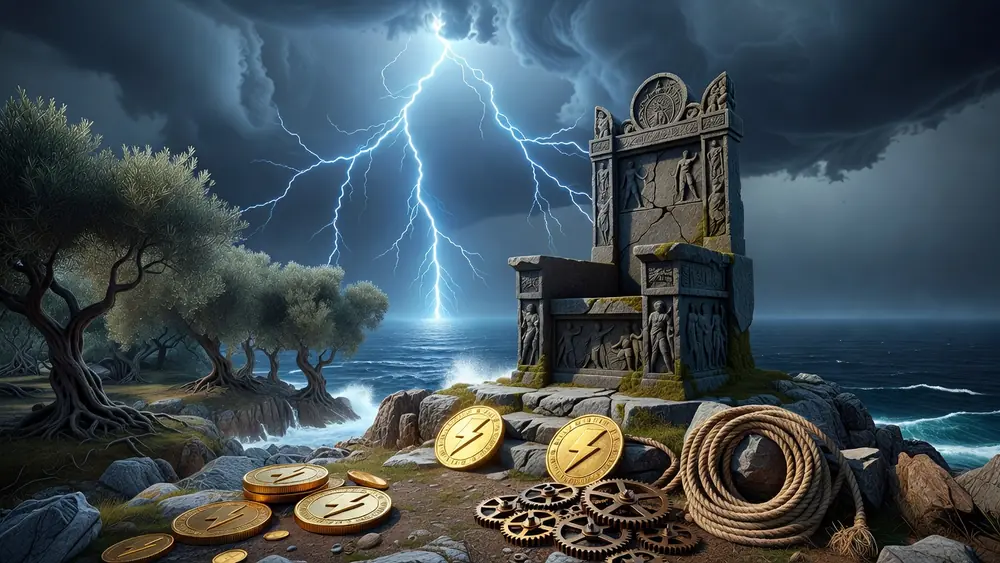 Zeus Slots Review - Lightning Bolt Free Spins, Wild Reels & 50 Paylines slot review theme illustration, AI-generated and not an in-game screenshot.